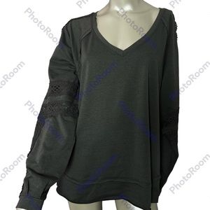 Knox Rose Grey long Sleeve V Neck Lace Sweatshirt Top